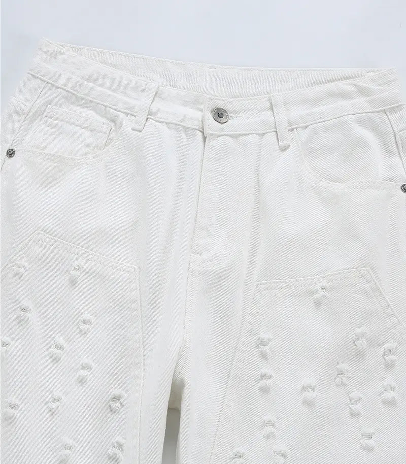 White Perforated Relaxed Loose Jeans