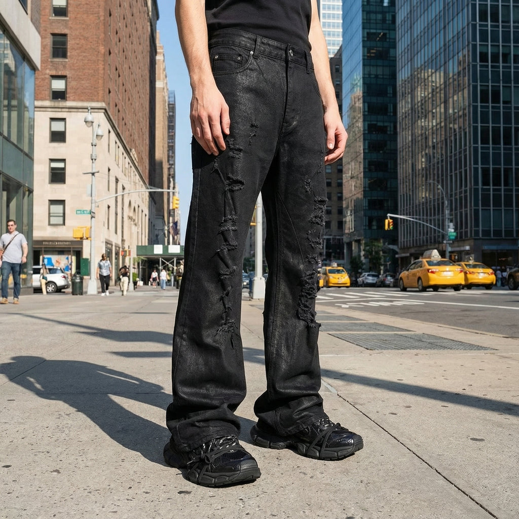 Black Cerated Ripped Stacked Jeans