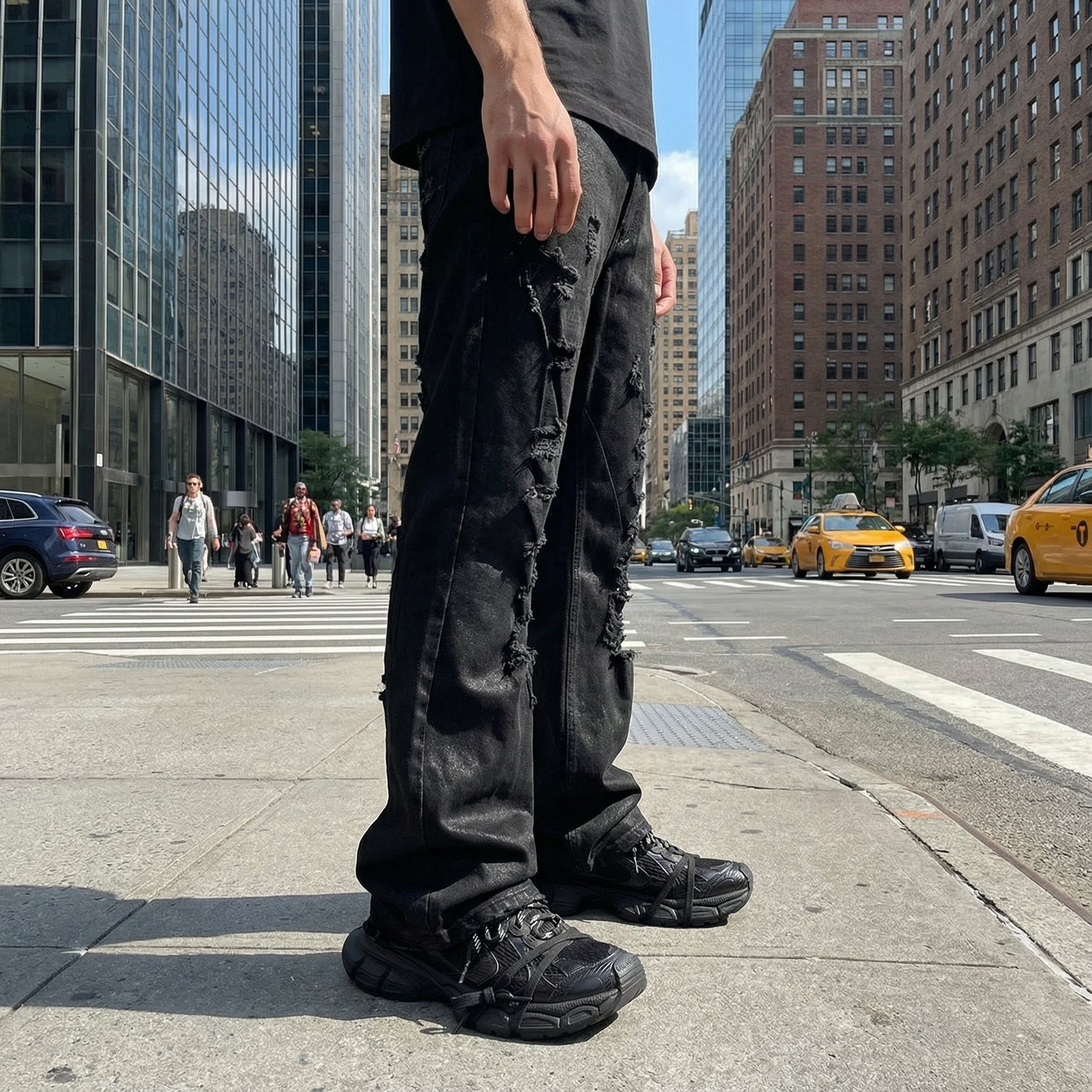 Black Cerated Ripped Stacked Jeans