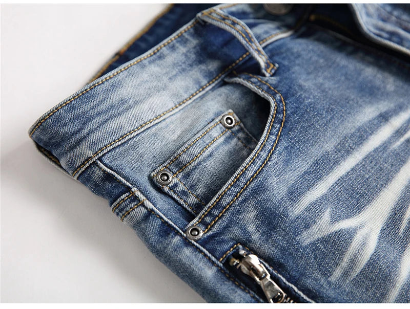 Blue Biker Zipper Slim Fit Jeans