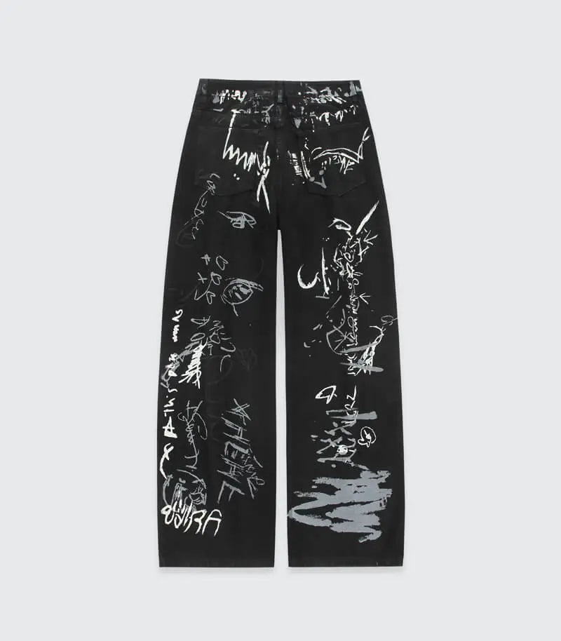 Black Hand Painted Graffiti Relaxed Loose Jeans