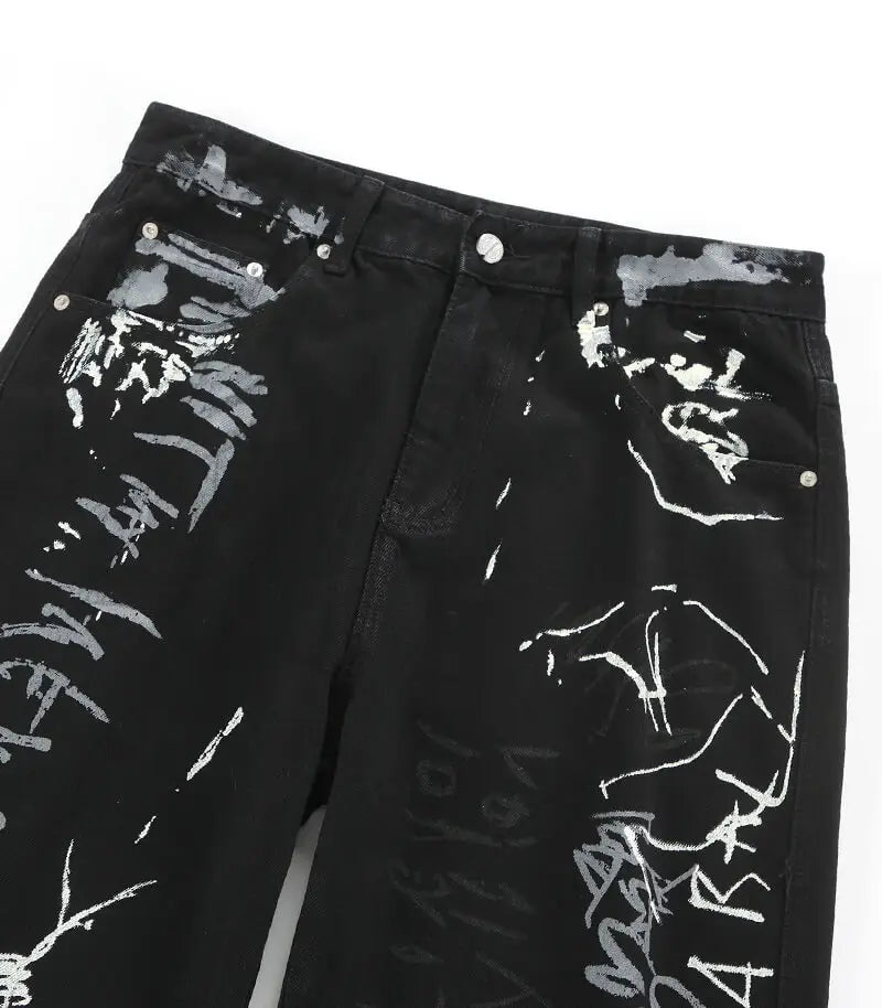 Black Hand Painted Graffiti Relaxed Loose Jeans