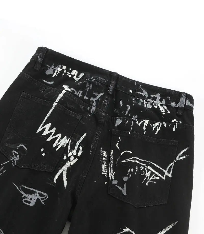 Black Hand Painted Graffiti Relaxed Loose Jeans