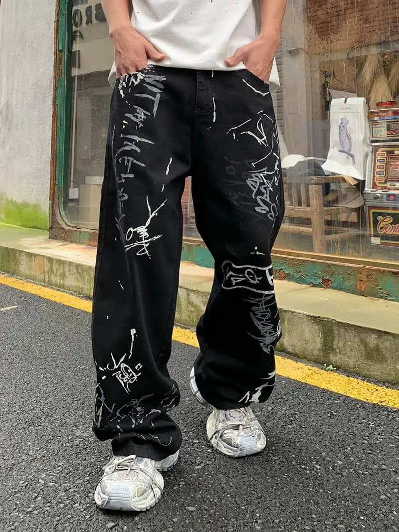 Black Hand Painted Graffiti Relaxed Loose Jeans