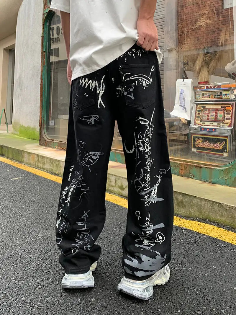 Black Hand Painted Graffiti Relaxed Loose Jeans