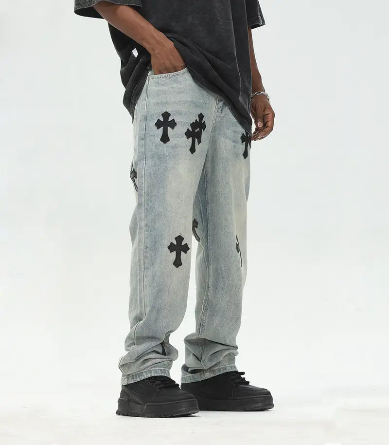 Black Cross Relaxed Loose Jeans