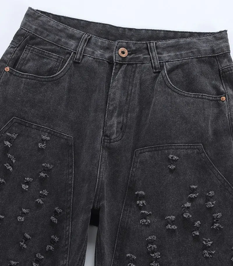 Black Perforated Relaxed Loose Jeans