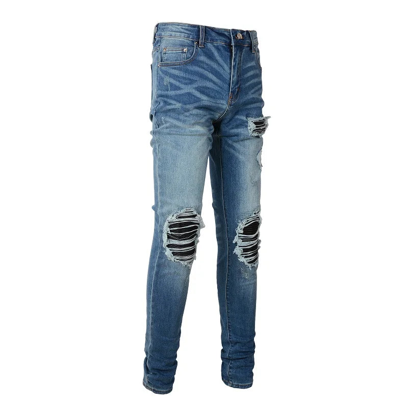 Black Leather Patchwork Blue Skinny Jeans