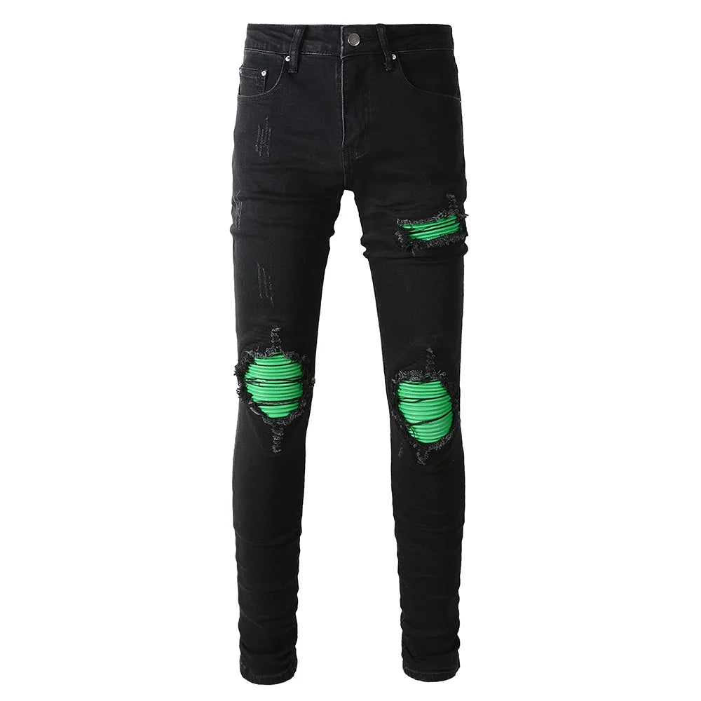 Neon Green Leather Patchwork Skinny Jeans