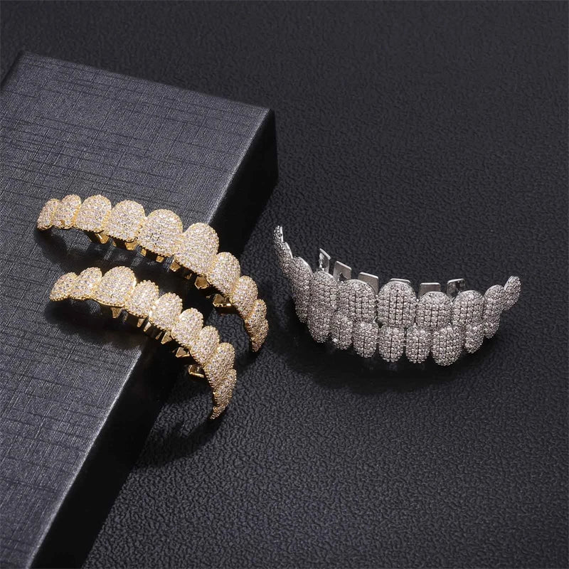 D&Z Hip Pop Bling Cubic Zircon Teeth Grillz Set For Unisex Top Bottom Mouth Removable Dental Gold Silver Color Fashion Jewelry