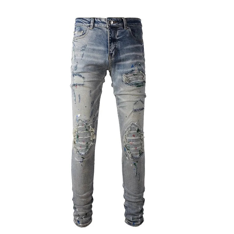 Tone On Tone Patchwork Painted Skinny Jeans