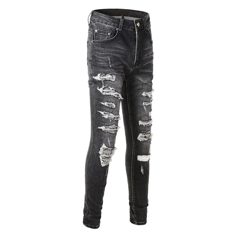 Gray Bandana Patchwork Skinny Jeans