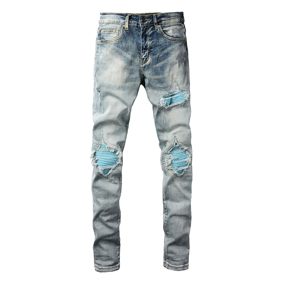 Sky Blue Patchwork Skinny Jeans