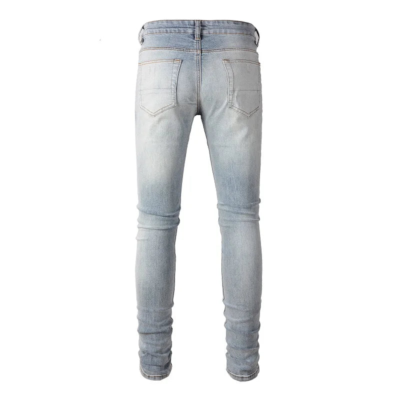 Black Leather Patchwork Vintage Blue Skinny Jeans