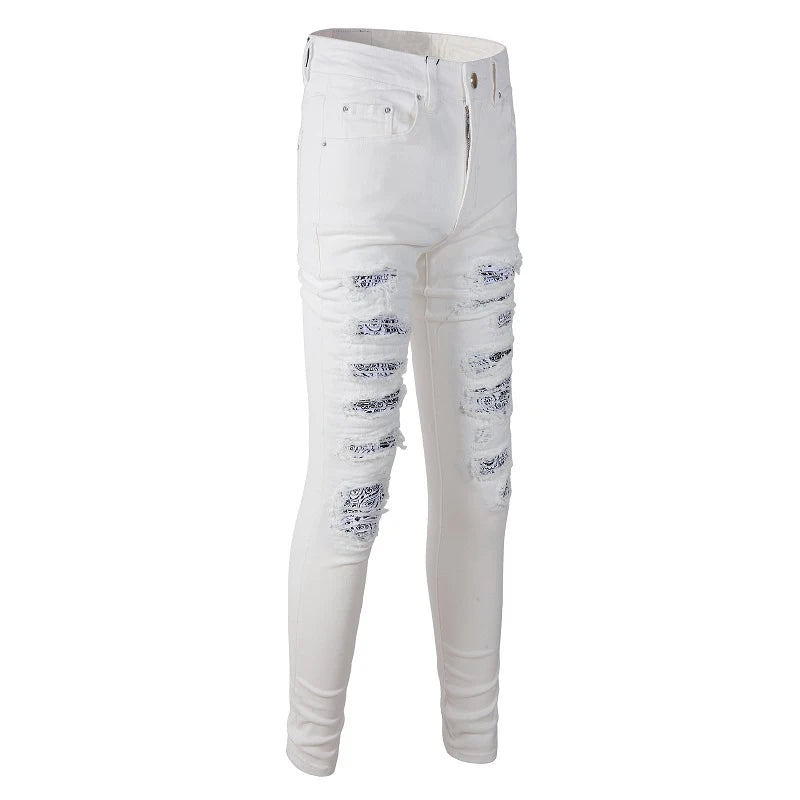 White Bandana Patchwork Slim Fit Jeans