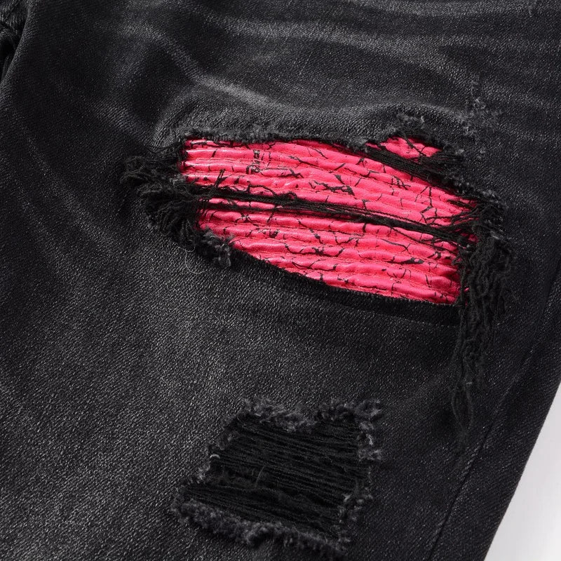 Pink Leather Patchwork Black Skinny Jeans