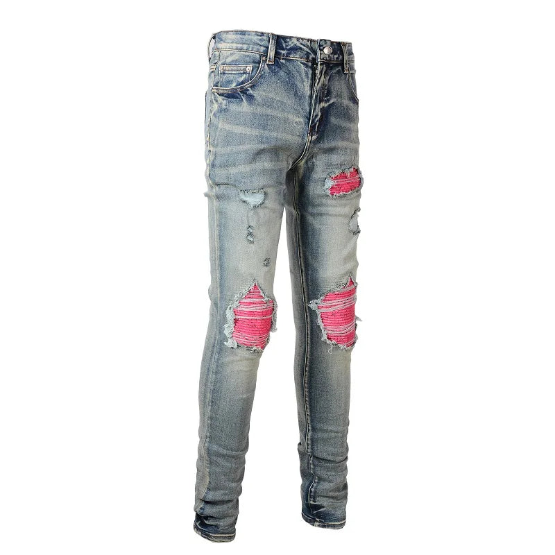 Pink Leather Patchwork Vintage Blue Skinny Jeans