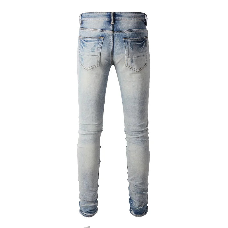 Black Leather Patchwork Washed Blue Skinny Jeans