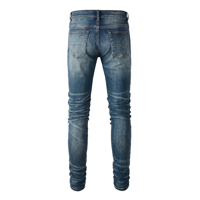 Black Leather Patchwork Dark Blue Skinny Jeans
