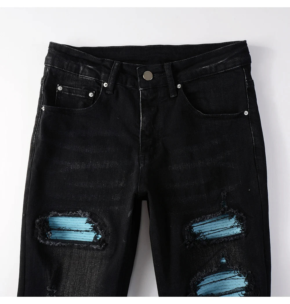 Ice Blue Patchwork Skinny Jeans