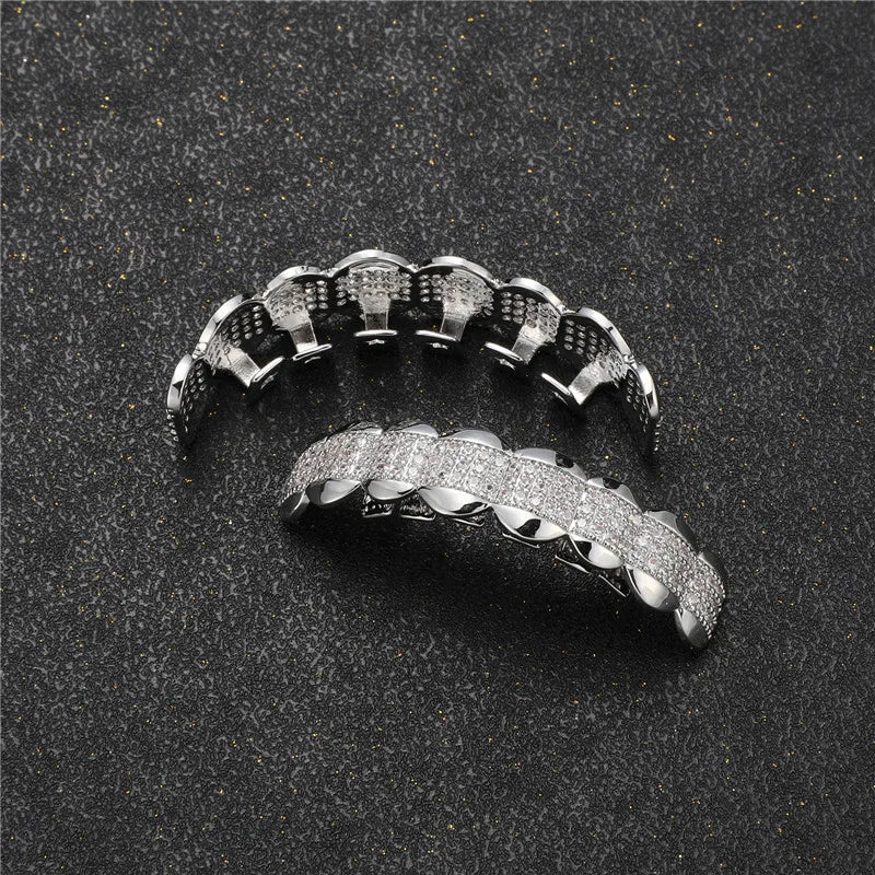 D&Z New CZ Stone Teeth Grillz Top & Bottom Grills Brass Material Teeth Caps Cosplay Party Rapper Hip Hop Jewelry