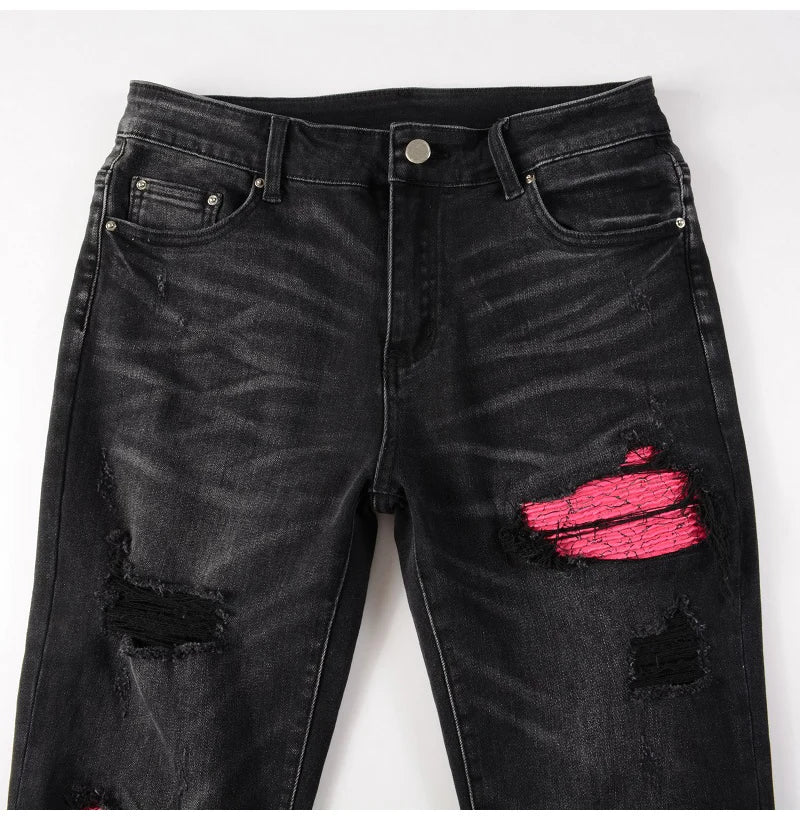 Pink Leather Patchwork Black Skinny Jeans