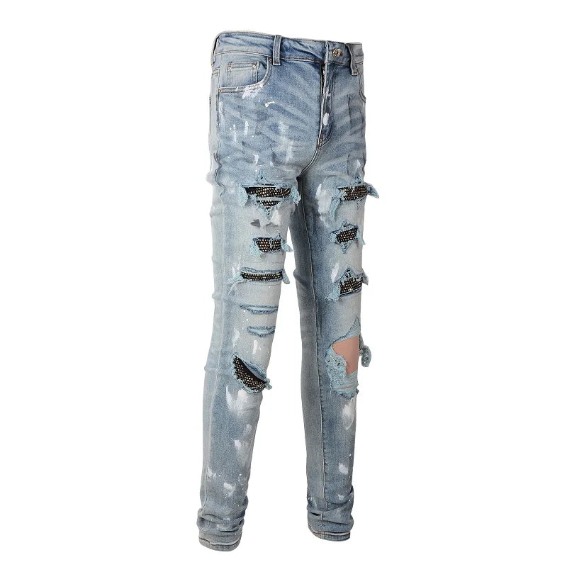 Black Diamond Painted Light Blue Skinny Jeans