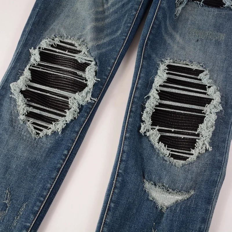 Black Leather Patchwork Dark Blue Skinny Jeans