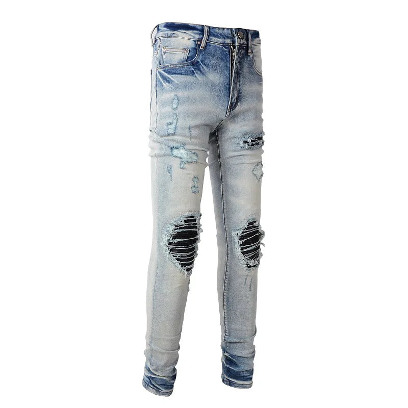 Black Leather Patchwork Washed Blue Skinny Jeans