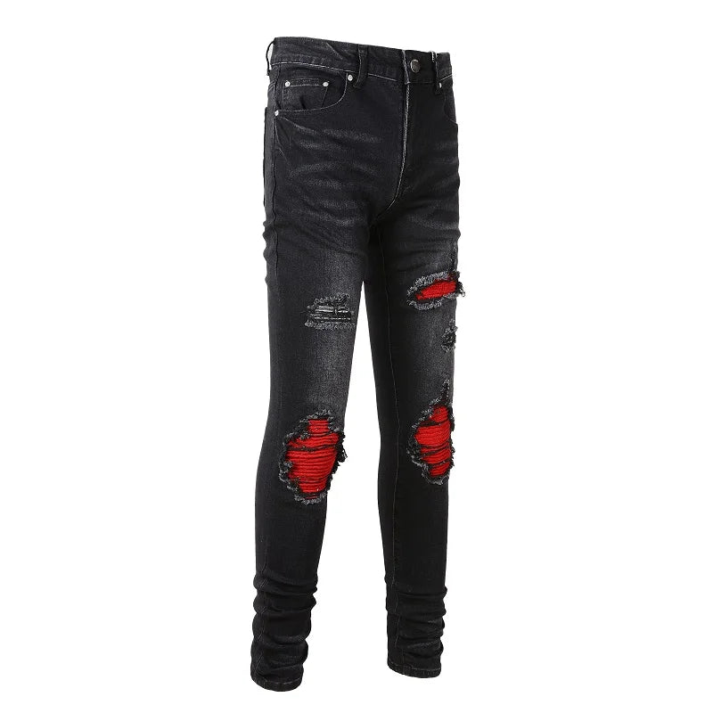 Red Patchwork Skinny Jeans