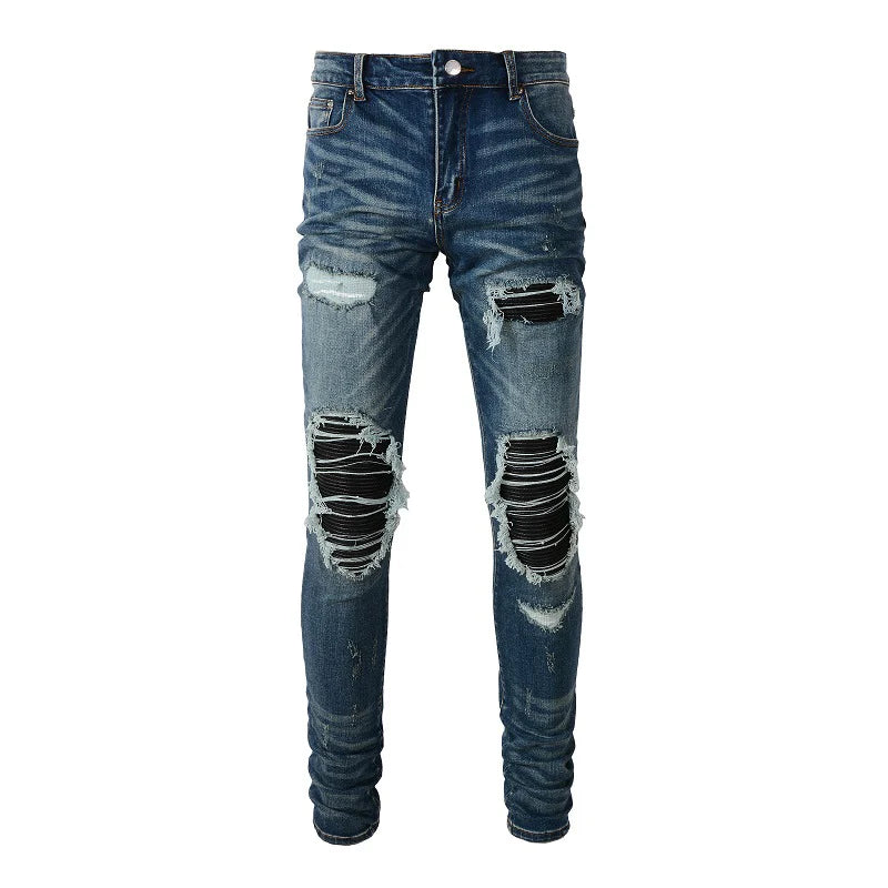Black Leather Patchwork Dark Blue Skinny Jeans