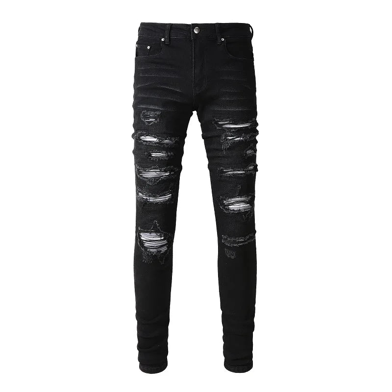 White Patchwork Distressed Skinny Jeans