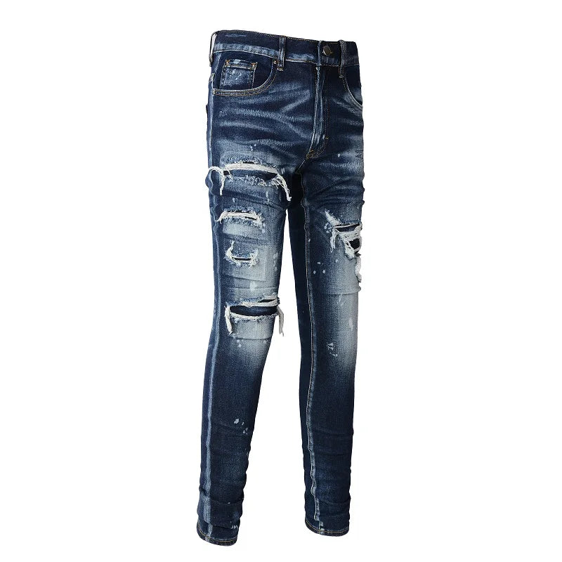 Blue Ripped & Repaired Skinny Jeans