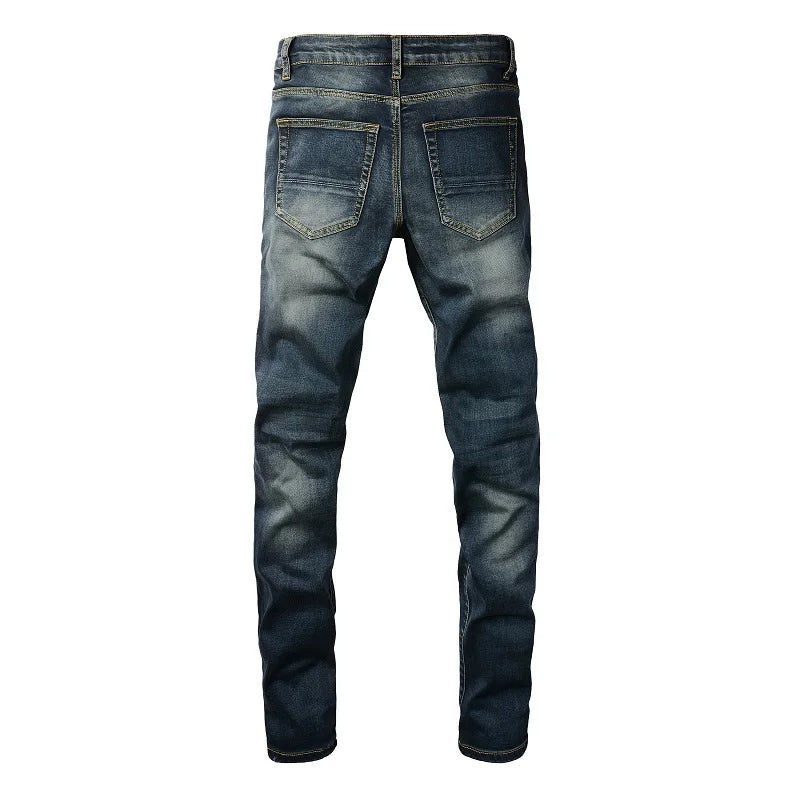 Dark Blue Ripped & Repaired Leather Skinny Jeans