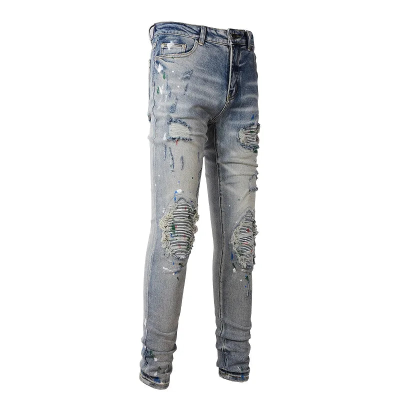 Tone On Tone Patchwork Painted Skinny Jeans