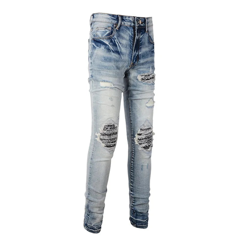 Black Bandana Patchwork Light Blue Skinny Jeans