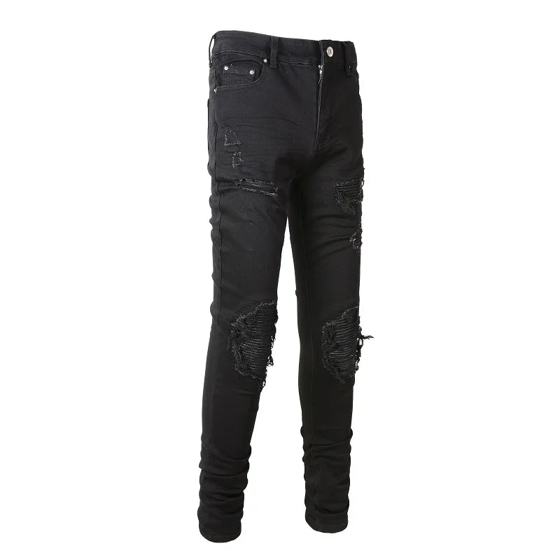 Dark Leather Patchwork Skinny Jeans