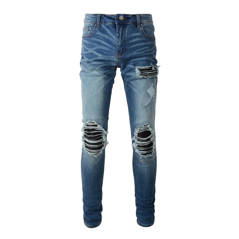 Black Leather Patchwork Blue Skinny Jeans