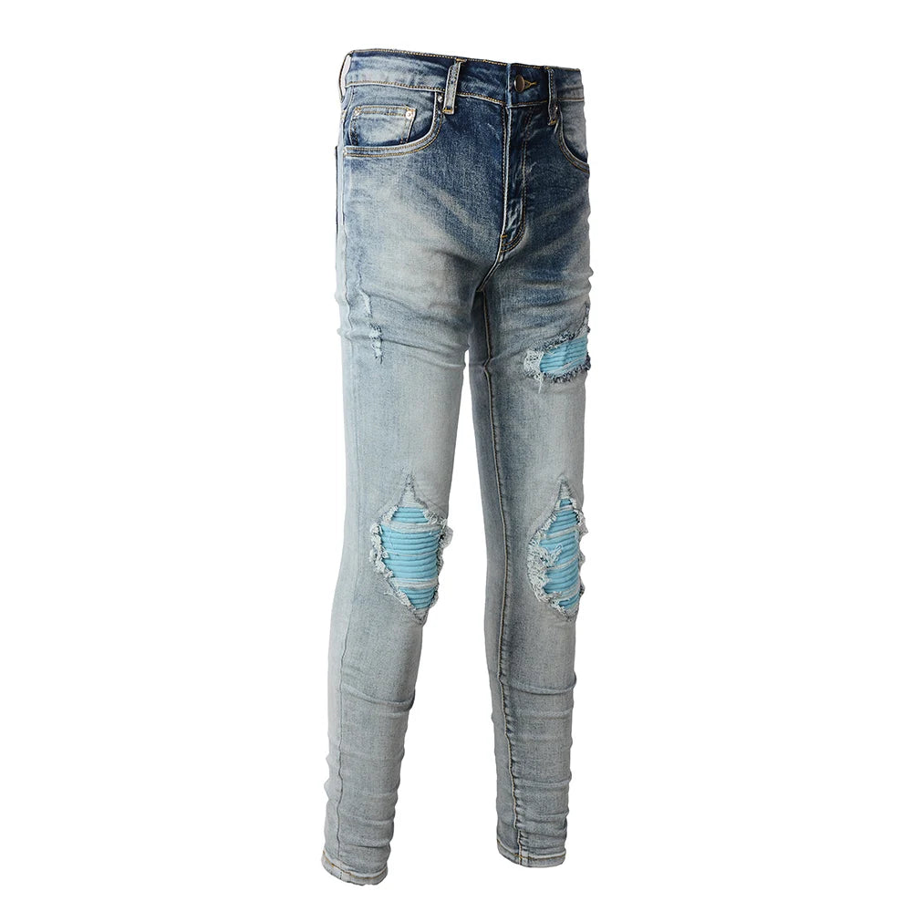 Sky Blue Patchwork Skinny Jeans