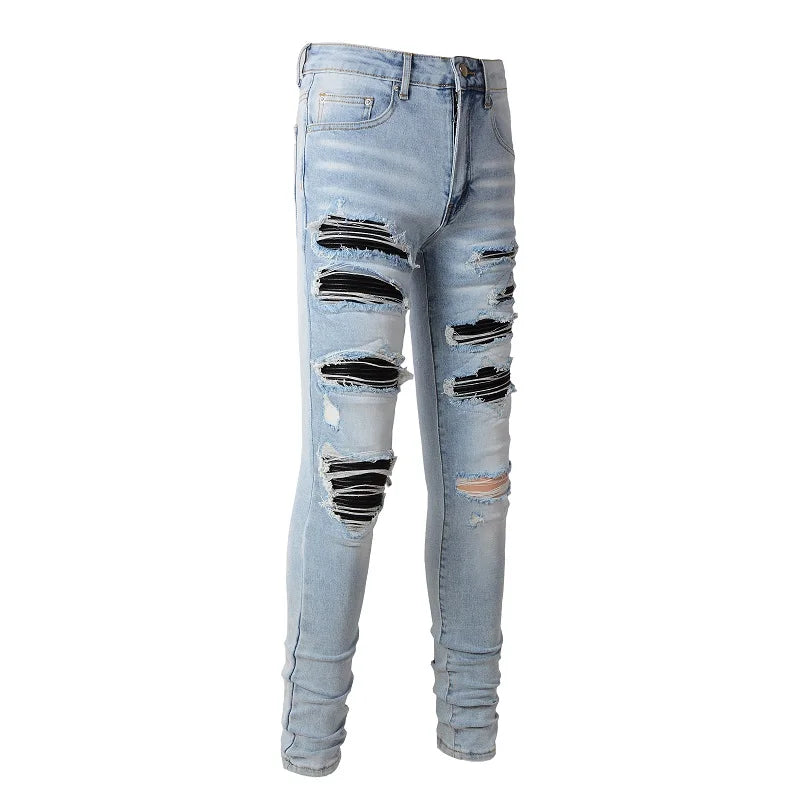 Black Leather Patchwork Light Blue Skinny Jeans