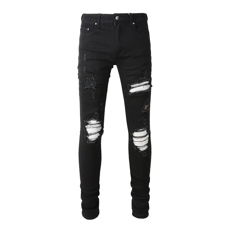 Silver White Leather Patchwork Skinny Jeans