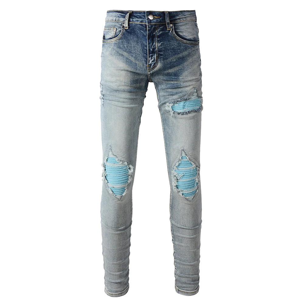 Sky Blue Patchwork Skinny Jeans