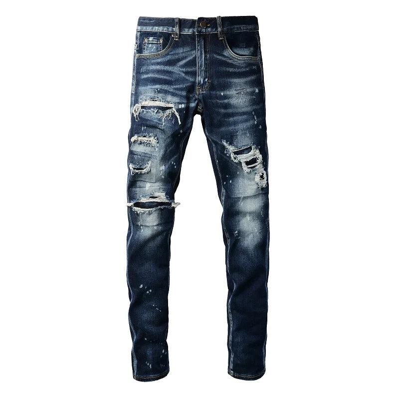 Blue Ripped & Repaired Skinny Jeans