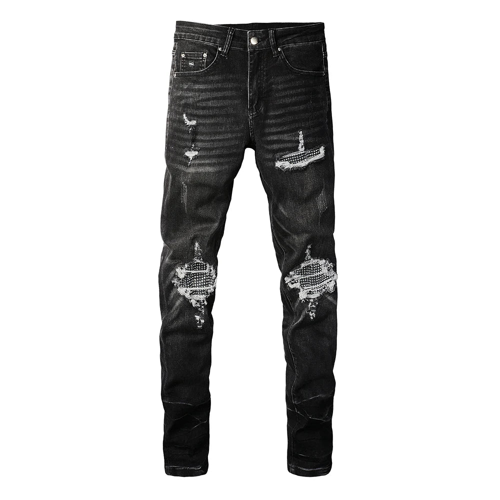 Diamond Patchwork Black Skinny Jeans