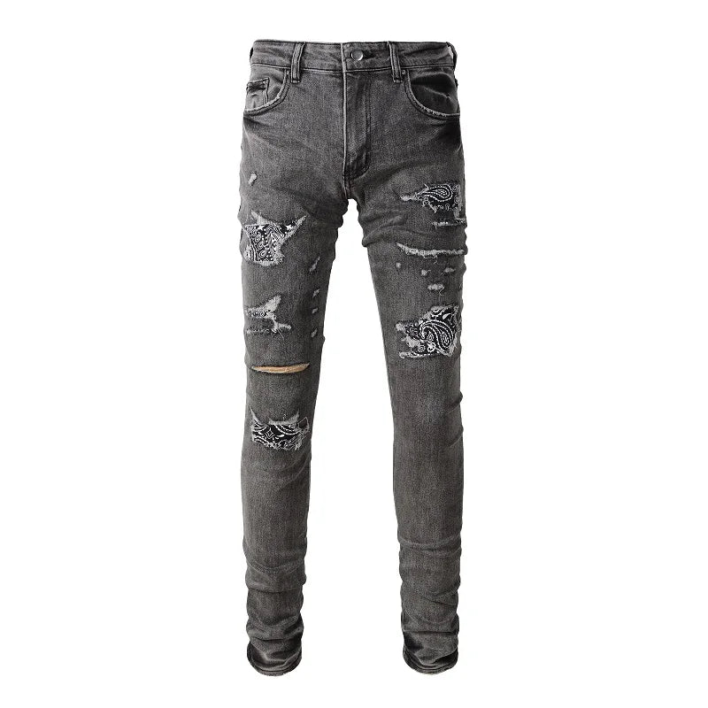 Black Bandana Patchwork Gray Skinny Jeans