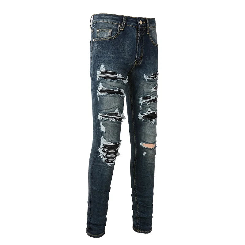 Dark Blue Ripped & Repaired Leather Skinny Jeans