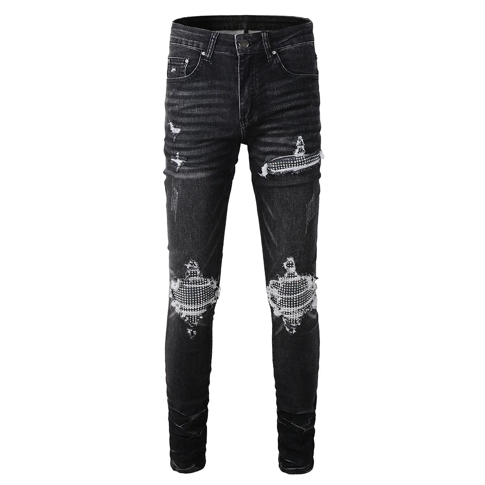 Diamond Patchwork Black Skinny Jeans