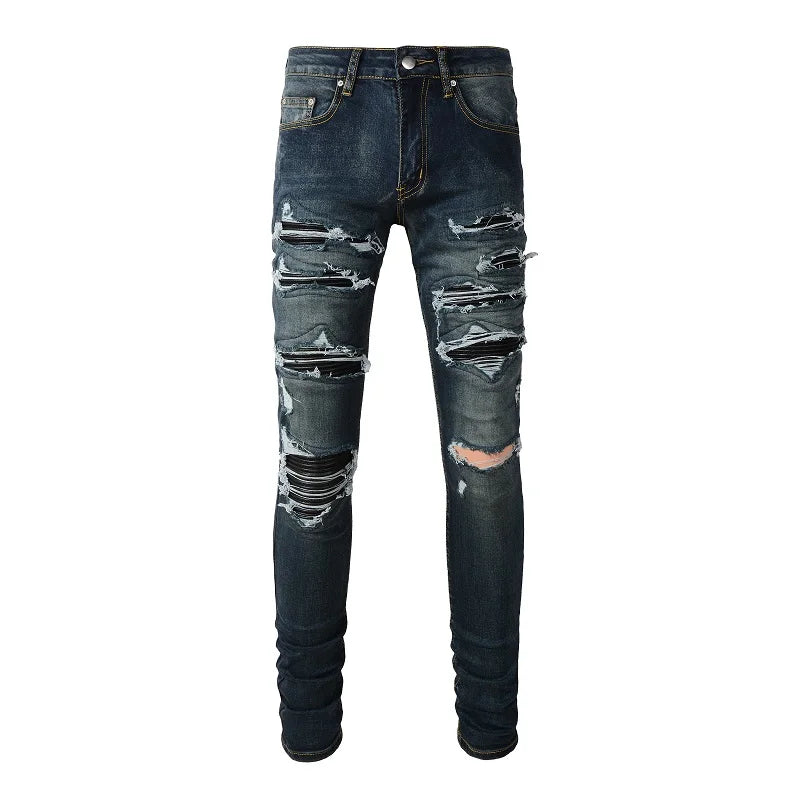 Dark Blue Ripped & Repaired Leather Skinny Jeans