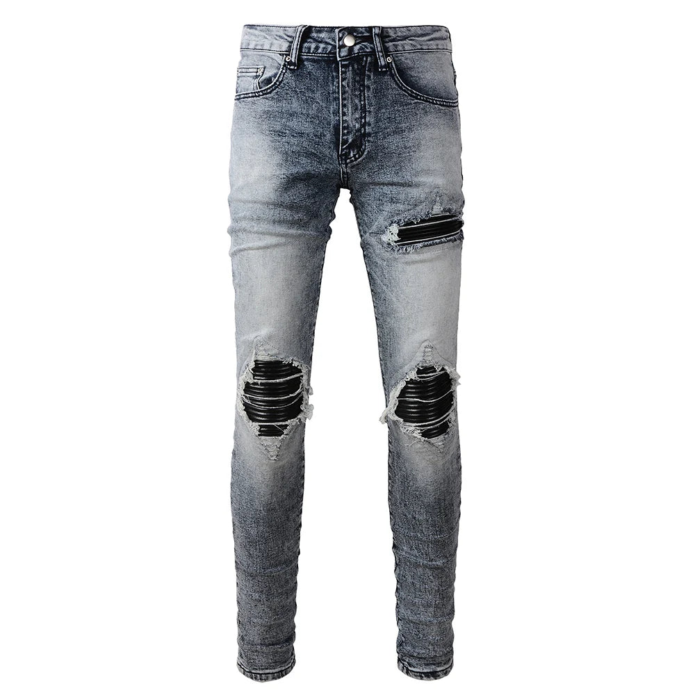 Black Leather Patchwork Light Gray Skinny Jeans