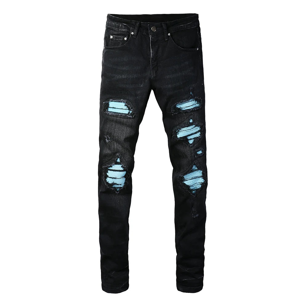 Ice Blue Patchwork Skinny Jeans